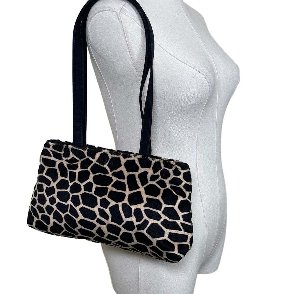 Vintage‎ Lancome Tote Bag Purse Black Tan Giraffe Print Faux Fur Plush Y2K Retro